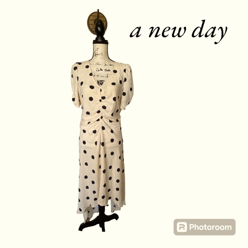 a new day Cream and black Polka Dots High Low Dress NWT - Picture 2 of 11